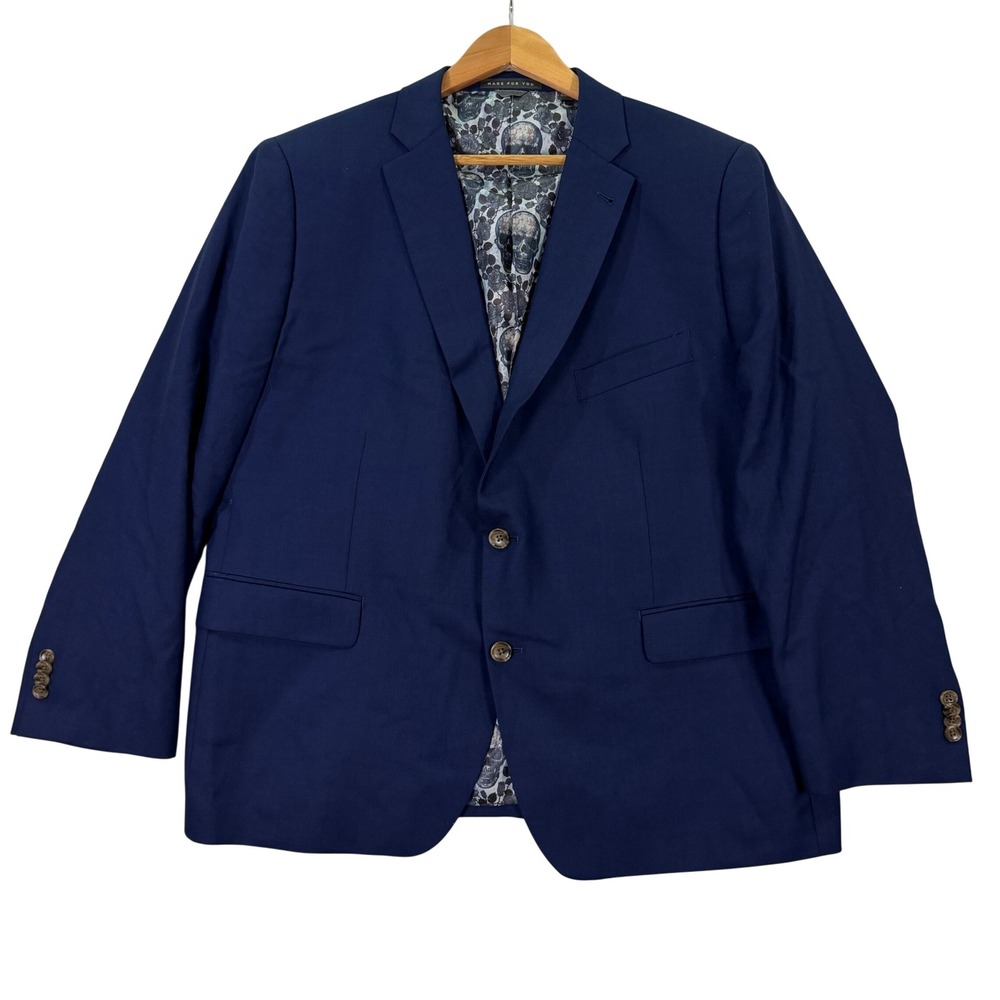 Indochino Bespoke Mens 48S Short Blazer Navy Skull Rose Lining Wool Suit Jacket